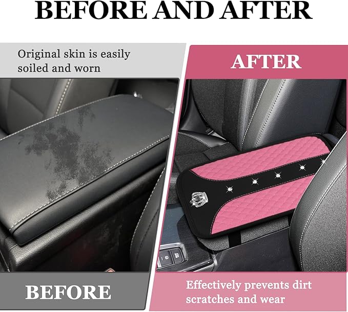 Bling Crown Car Center Console Cover, 12.7"×7.7" Armrest Cover for Cars, Waterproof Leather Arm Rest Box Pad Cushion, Universal Middle Console Cover Protector, Car Accessories (Pink)