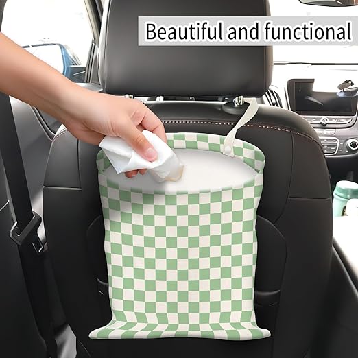 Car Trash Can, Hanging Garbage Bin for Men and Women, Cute Car Organizer and Storage Bag, Canvas Vehicle Trash Can Bag Easy-to-Install Cute Green Checkboard
