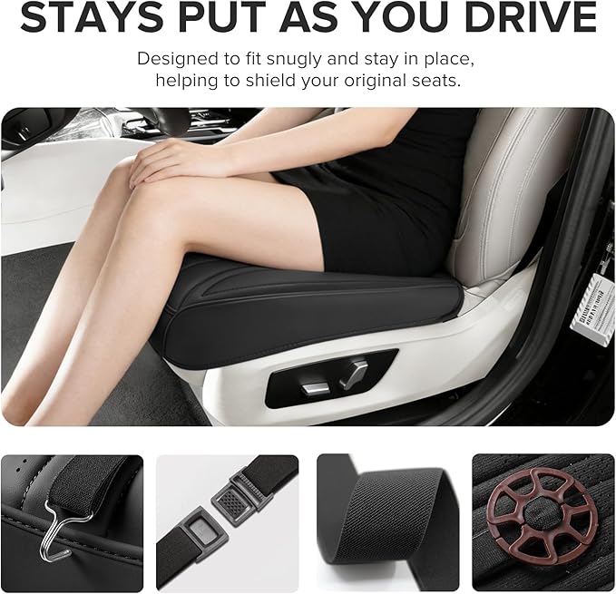 EQUIDEVDY 2 Pack Leather Bottom Car Seat Covers,Front Seat Covers for Cars,Driver Car Seat Cover,Luxury Faux Leather Seat Protectors,Full Wrap,Waterproof,for Most Vehicles,Sedan,SUV,Truck (Black)