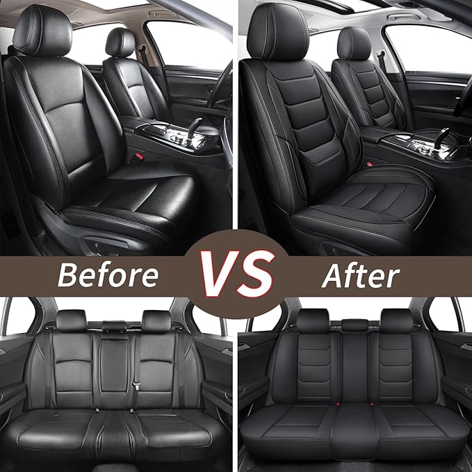 SCOMEE Leather Car Seat Covers Full Set Breathable Automotive Seat Protectors, Waterproof Universal Fit for Most Cars, SUVs, Trucks (Black, Full Set)