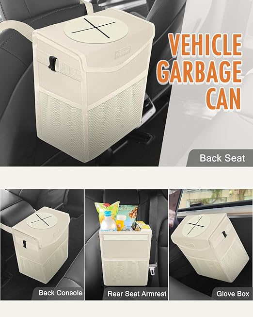 Car Trash Can with Lid, Cute Leakproof Car Trash Garbage Bag Hanging Vehicle Trash Bin Small Portable Automotive Garbage Cans Organizer for Back/Front Seat(4 Gallons,Beige)