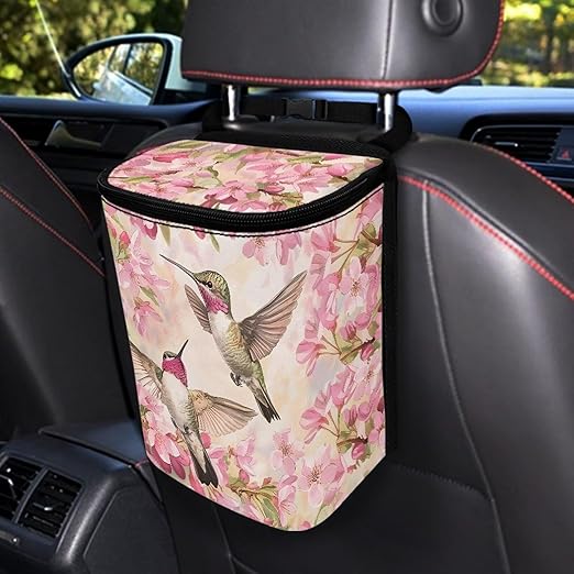 Cars Trash Can with Lid Car Garbage Can Car Waste Basket, Leak-Proof Cars Trash Bin, Van Truck Trash Hanging Sedan Accessories Interior Organizer Bag, Birds Cherry Floral Print