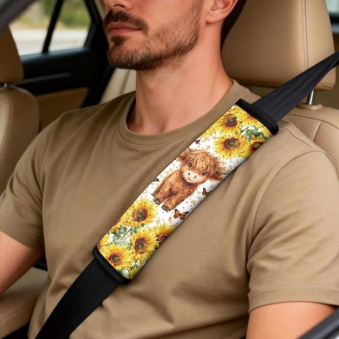 Qeluxign 5 Piece Car Seat Covers Full Set for Men Women PU Leather Front Seats Cover Auto Seatbelt Shoulder Pads Vehicle Center Console Armrest Cover,Highland Calf Sunflower Butterfly