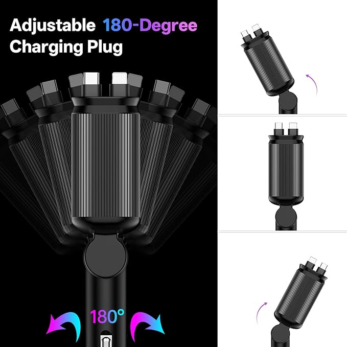 Retractable Car Charger, 4 in 1 Fast Charging Car Charger USB-C & USB-A Compatible with iPhone 16/15/14/13/12/11,Galaxy,Pixel