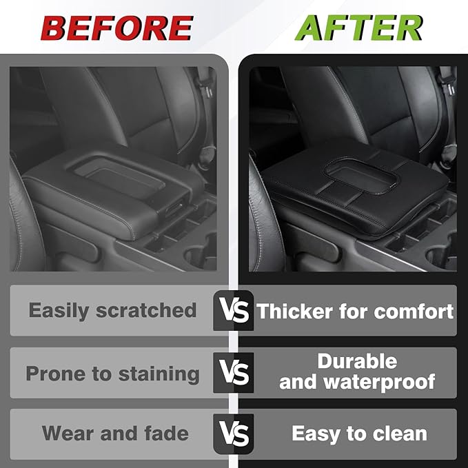 Muslogy Center Console Armrest Cover Compatible with Chevy Silverado & GMC Sierra 1500 2500 3500HD 2014-2018 Comfort Armrest Pad Vegan Leather Protector Regular Thick(Split Bench Jump Seat ONLY)
