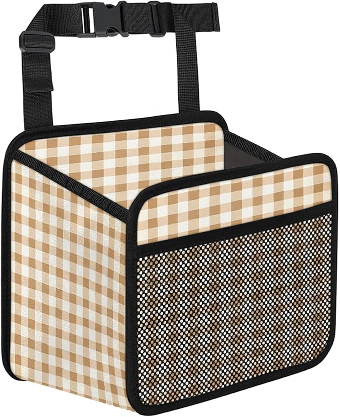 Gingham Light Brown Car Backseat Organizer PU Leather Truck Back Seat Trash Bag Universal Hanging Storage Box Travel Accessories Foldable
