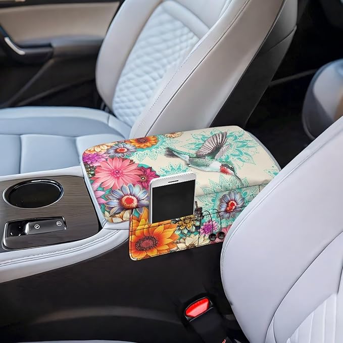 Dreaweet Boho Hummingbird Arm Rest Cover for Car Women Thick Center Console Armrest Pad with Pockets Auto Car Car Center Console Cushion Pad