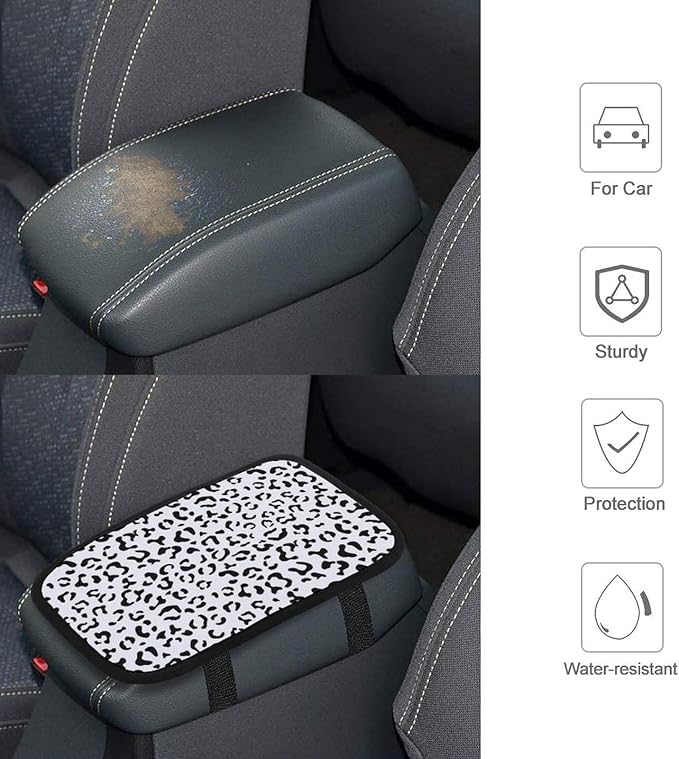 Black White Leopard Car Center Console Cushion Pad,Waterproof Armrest Seat Box Cover Protector,Comfortable Car Decor Accessories Fit for Most Cars, Vehicles, SUVs