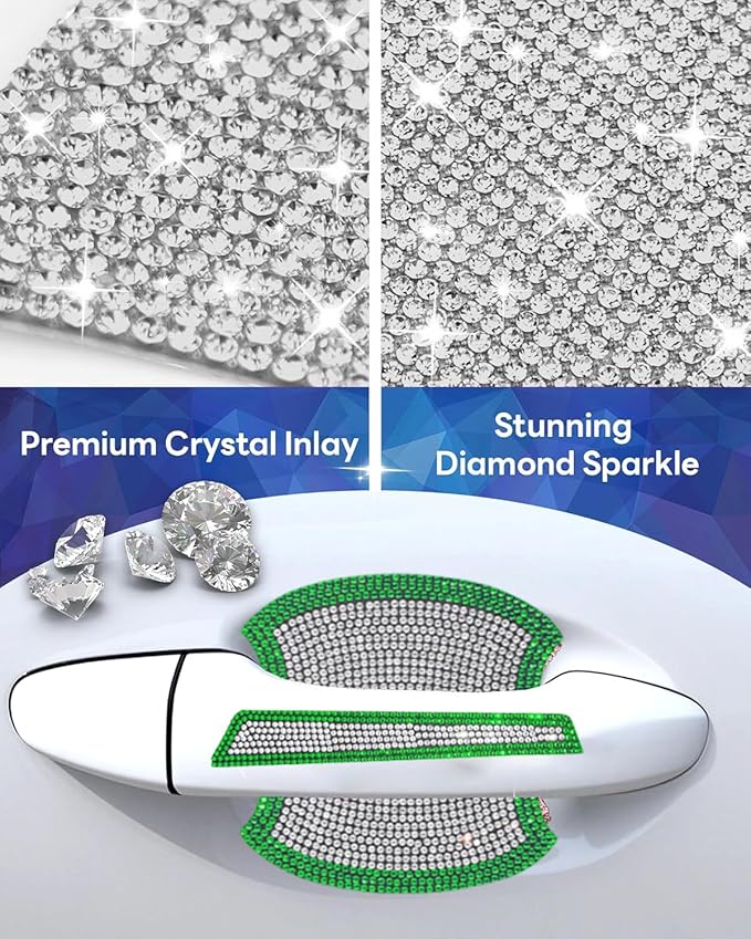 8Pcs Bling Car Door Handle Protector Stickers,Crystal Rhinestone Glitter Car Door Handles Cup Scratch Protectors Decals Universal (Green White)