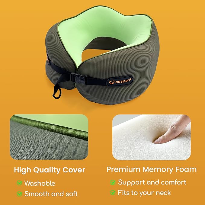 Cesperi® Travel Neck Pillow for Airplanes, Ergonomic Design, Airplane Neck Pillow with Memory Foam, Travel Essentials for Flights, Car Rides, and Home Rest, Large (Avocado Green)