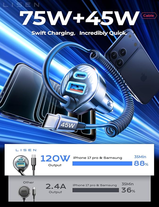 LISEN 90W for iPhone 17e 16 15 Pro Max Car Charger USB C Fast Charge,Super Fast for iPhone 15 16 17 Pro Car Charger USB C Adapter for iPhone 17 16 15 Air ProMax Plus,Samsung Galaxy S26 Ultra, Android