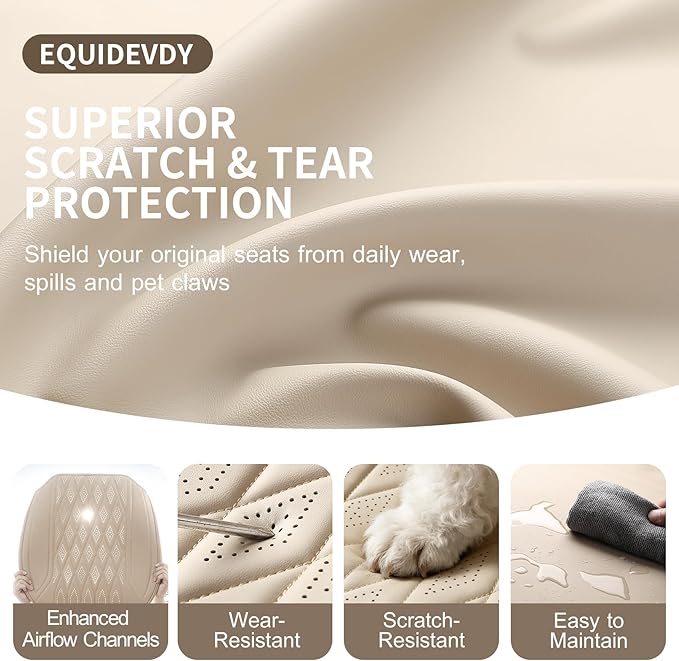 EQUIDEVDY 2 Pack Leather Bottom Car Seat Covers,Front Seat Covers for Cars,Driver Car Seat Cover,Luxury Faux Leather Seat Protectors,Full Wrap,Waterproof,for Most Vehicles,Sedan,SUV,Truck (Beige)