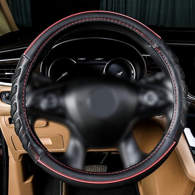 Flying Banner car Steering Wheel Cover Faux Leather Massage Universal fit 3D Honeycomb Hole Anti-Slip Sporty 15 Inches (Red Black)