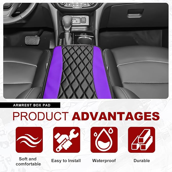 Leather Car Center Console Cover with Side Storage Pockets, Universal Leather Waterproof Armrest Pad Protector & Organizer for Cars, Vehicles, SUVs Interior Decor Stylish Car Decoration (Purple)