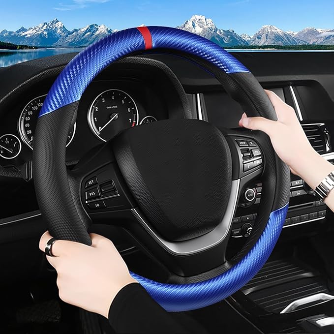 Black & Blue Carbon Fiber Leather Steering Wheel Cover, Microfiber Leather, Anti-Slip, Breathable, Universal Fit for 14.5–15 in Steering Wheel Cover for Men Women