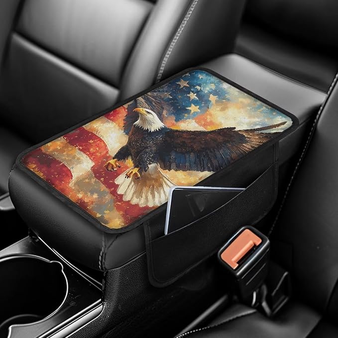 Dreaweet Center Console Cover American Flag Bald Eagle Design Arm Rest Cover for Car Soft Comfortable Center Console Cushion with Pockets Car Armrest Seat Box Cover Protector