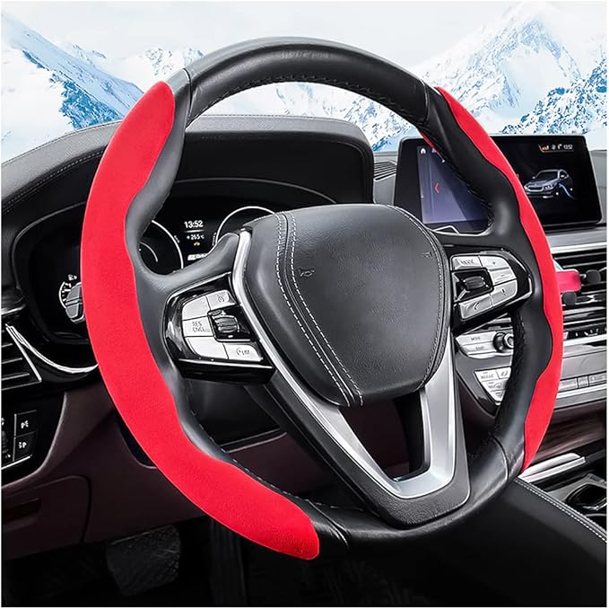 Car Steering Wheel Cover, Microfiber Suede Leather and Carbon Fiber Double Sided Design, Warm in Winter and Cool in Summer, Breathable Non Slip Segmented Protector for Most Cars (Turn Fur/Red)