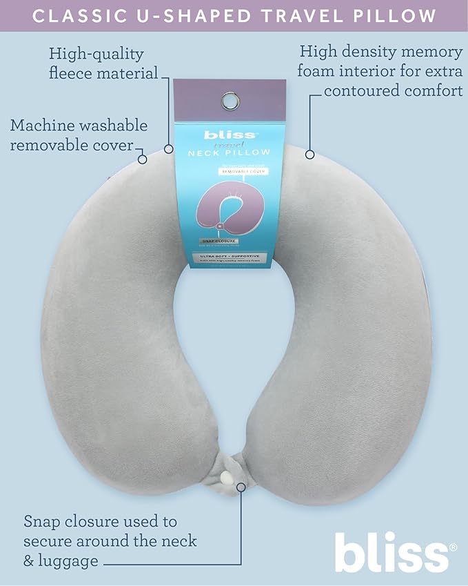 Bliss Neck Pillow - Lightweight U-Shaped Memory Foam Travel Neck Pillow with Snap Closure for Airplanes, Traveling, Offices, Cars, Grey Fleece