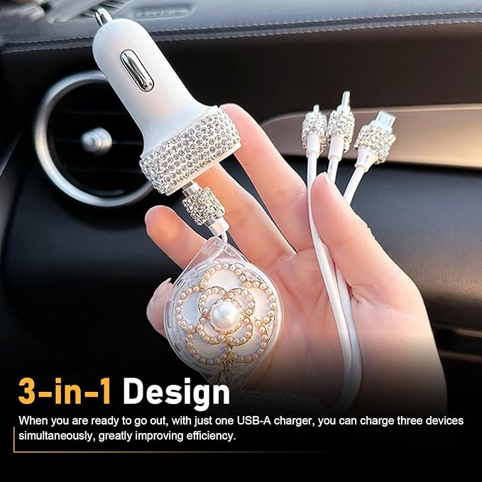 Car Retractable Multi Charging Cable, 3 in 1 Fast Charger Cord, Camellia Patterned/Heart-shaped Diamond-studded Car Charger Cable, Stylish for Women, Compatible with Phone, Tablets (White)