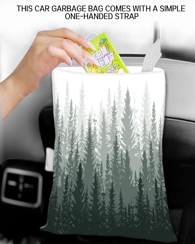 Hanging Car Trash Can Bag - Forest Mountain Design, Back Seat Organizer for Travel, Camping, Vehicle Accessories