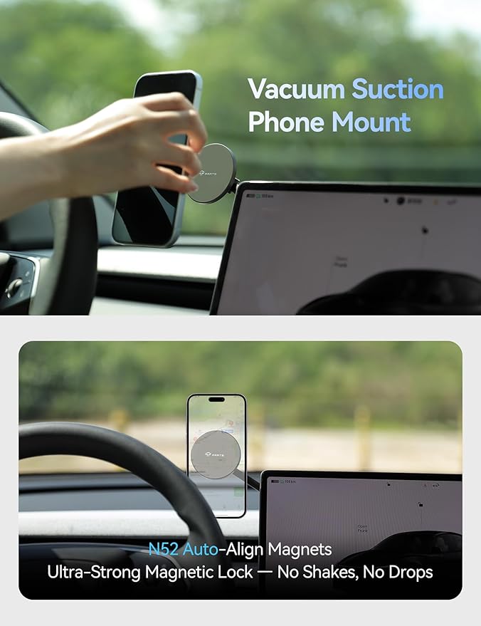 TPARTS Vacuum Suction Magnetic Phone Holder for Tesla Model Y/3/X/S, Upgraded Suction Cup Car Mount with 360°Rotation and Retractable Phone Holder