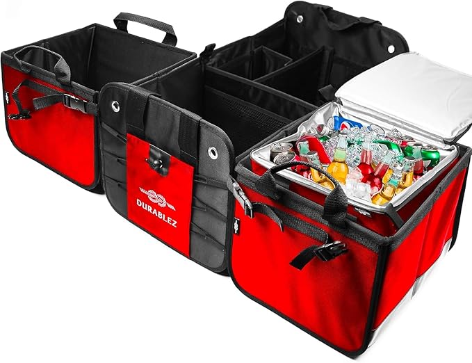 DURABLEZ 5-Section Trunk Organizer with Cooler – Extra Large Modular Car Storage System with Insulated Compartment, Foldable Multi-Module Cargo Organizer for Groceries & Travel – Red