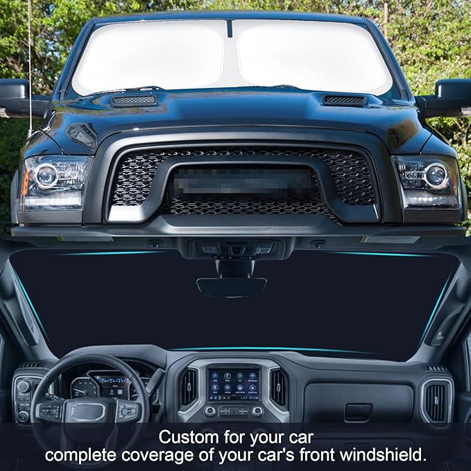 Car Windshield Sun Shade Compatible with 2019-2023 2024 2025 2026 Dodge Ram 1500 2Dr RegularCab, 4Dr QuadCab, CrewCab, MegaCab Accessories Foldable Sunshade Truck Custom Windshield Sun Visor
