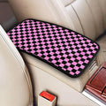 Glitter Pink Black Checkered Chessboard Flag Car Armrest Pad Cute Cars Center Console Cover Auto Handrail Box Cushion Armrests Cover