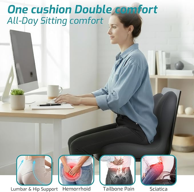 XZdream Memory Foam Seat Cushion,Office Chair Cushion with Lumbar Support for Back Pressure Relief,Sciatica,Car Seat Cushion with Adjustable Strap,Hip Pad Cushions for Car,Truck,Desk,(D-Dark Grey)