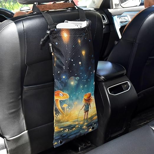 ALAZA Hanging Car Trash Bags Garbage Bag Trash Can for Back Seat Small Mushroom Painting Washable Storage Bag Retractable 2 Pack