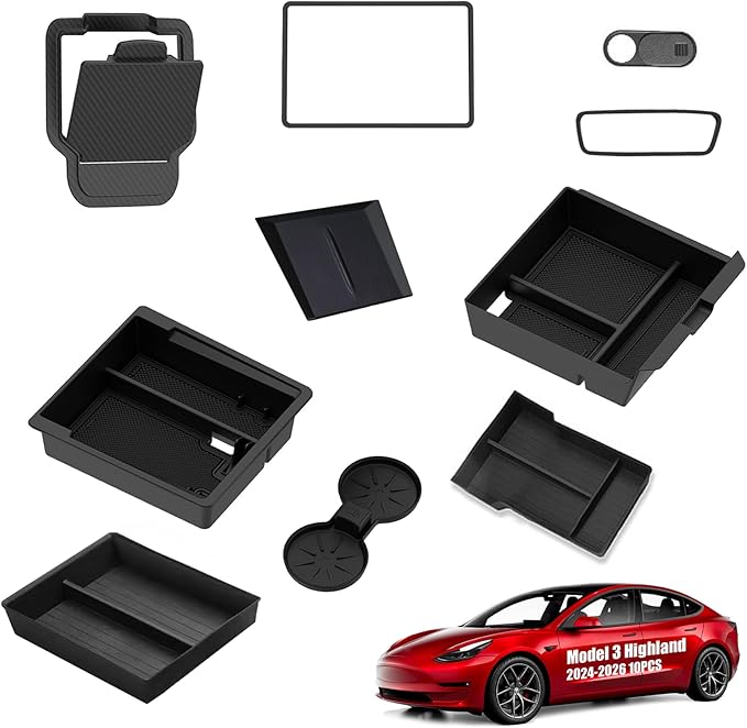 10PCS All-weather Center Console Organizer & Screen Protector Kit for Tesla Model 3 Highland 2024-2026,Includes Storage Boxes,Camera Cover,Cup Holder,Charging Pad & Mirror Frame Interior Accessories
