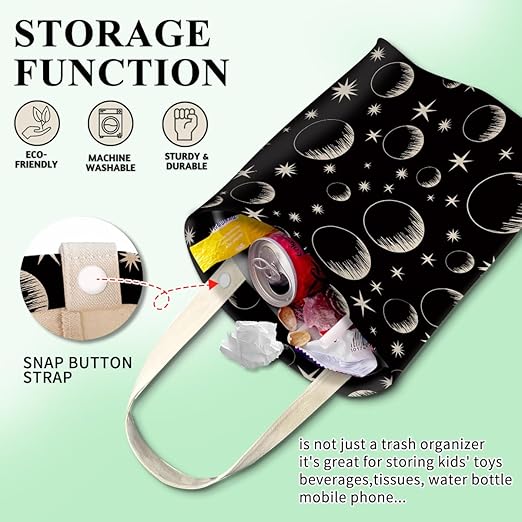 Car Trash Can, Cute Car Trash Bag, Hanging Car Organizer and Storage Bag, Trash Bin for Car Accessories, Vehicle, Travelling, Camping Cute Black White Moon Star