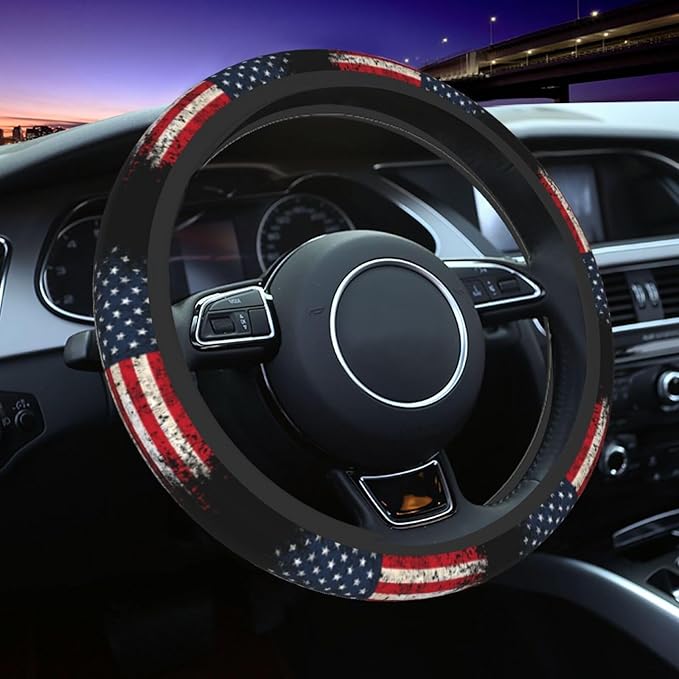 American Flag Steering Wheel Cover Elastic Non-Slip Car Steering Wheel Covers with Seat Belt Shoulder Pad for Women Men