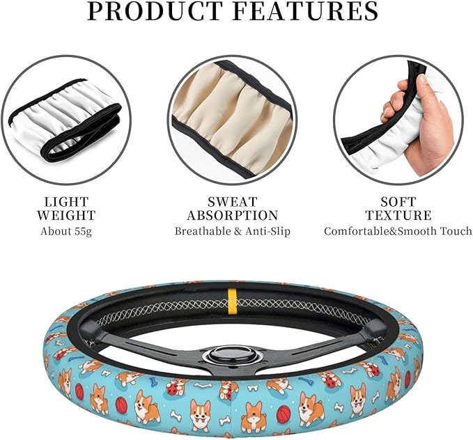 Corgi Small Dog Car Steering Wheel Cover, 15 Inch Steering Wheel Cover Stylish Decor for Most Cars