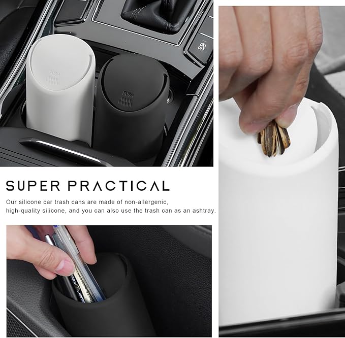 Mni Car Trash Can with Lid, Portable Silicone Auto Garbage Container for Cup Holder, Multipurpose Trash Bin for Car Home Office, Waterproof Leakproof Small Vehicle Trash Can (Black)