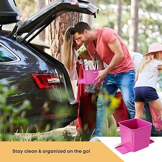 HAUSSIMPLE Car Trash Can 2L with Stability Wings & Velcro for Extra Stability – Magic Strip & Clip for Fabric & Rubber Mats – Durable Plastic, Easy Pull Trash Bags Included – Pink