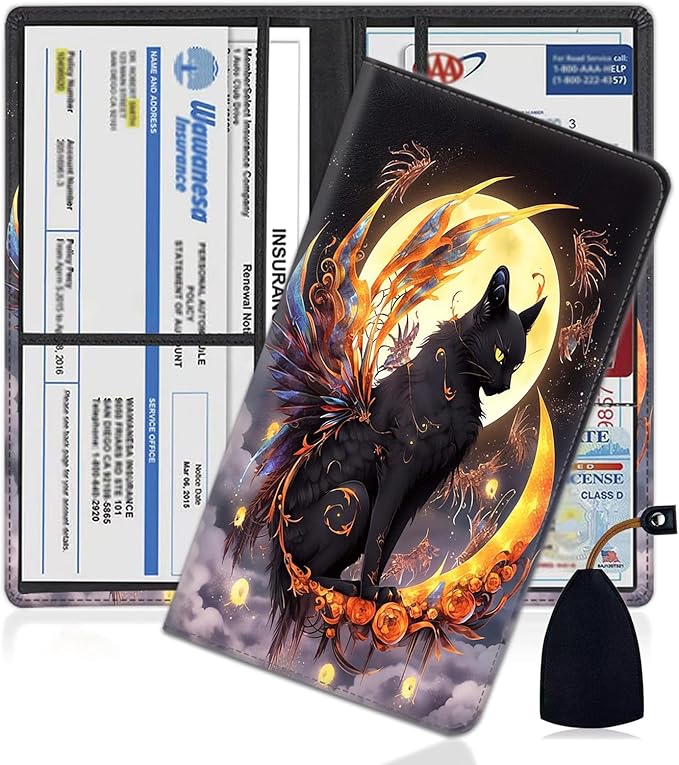 Car Registration and Insurance Holder, PU Leather Auto Document Holder for Men&Women, Vehicle Glove Box Compartment Organizer with Magnetic Shut for Driver's License, Black Cat Lunar Eclipse Pattern