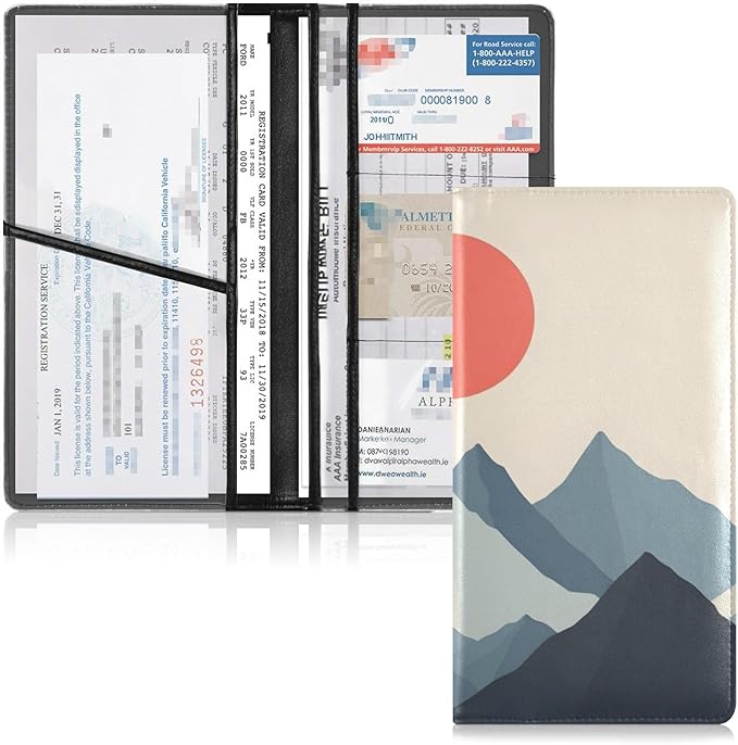 Qilmy Simple Sun Mountain Car Registration and Insurance Holder PU Leather Vehicle Document Wallet Glove Box Organizer with Clear PVC Card Slots for Driver License ID Cards