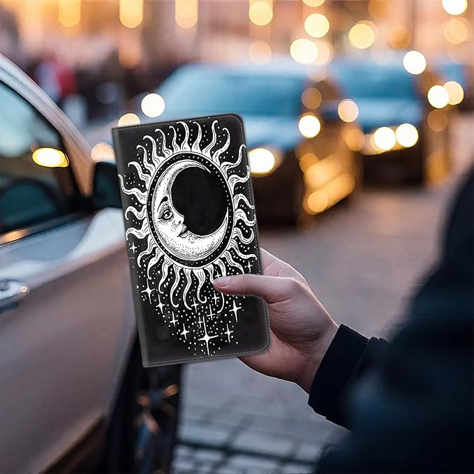 Car Registration and Insurance Card Holder for Women Men, Waterproof PU Leather Glove Box Car Organizer with Magnetic Shut, Vehicle Document Holder for Driver License,Cards, Sun and Moon Pattern