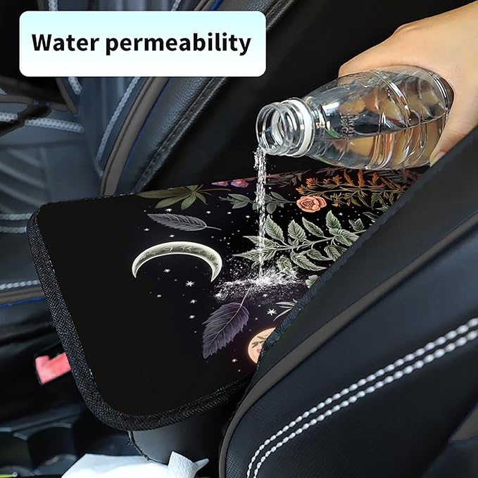 Car Armrest Cover Center Console Covers for Cars, Universal Waterproof Auto Arm Rest Covering Car Middle Console Armrest Seat Box Cover Protector +Car Coaster-Flowers Plants Moon Night