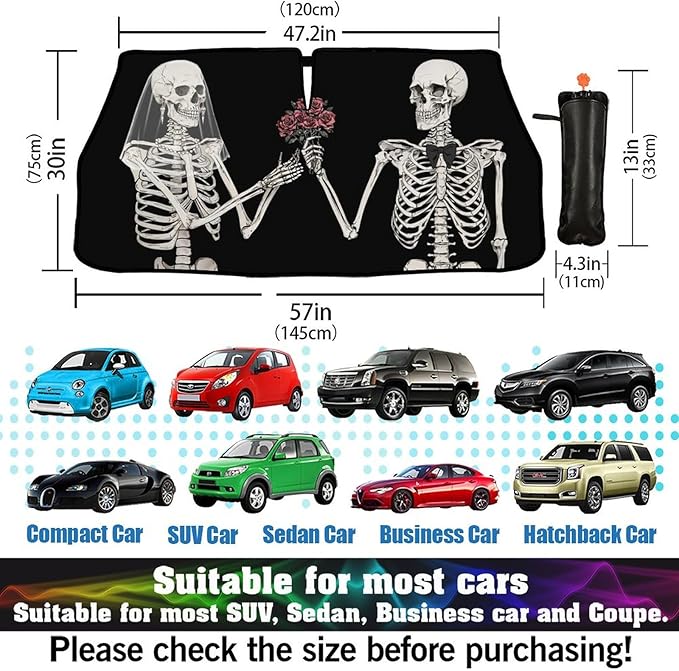 DOPINDU Funny Skull Car Windshield Sun Shade Umbrella Bendable Handle Foldable Skeleton Sunshade for Car Windshield Block UV Rays Keep Vehicle Cool for Most Sedans SUV Trucks Cars 57"x30"