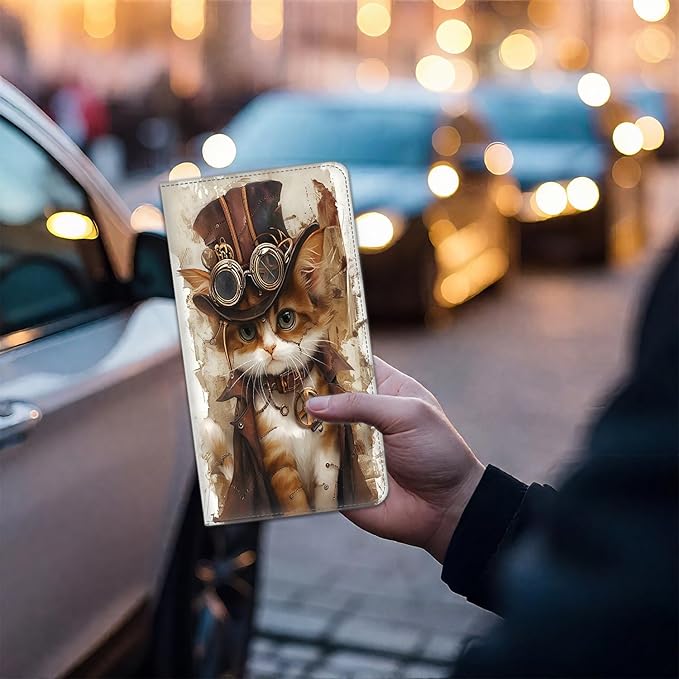 Car Registration Holder, Waterproof PU Leather Vehicle Card Document Glove Box Organizer, Women Interior Auto Accessories Case for Cards, Driver License Car Insurance Holder, Steampunk Cat Pattern