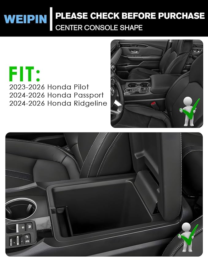 WEIPIN for 3Pcs Center Console Armrest Organizer Tray ABS Materials& Silicone Wirless Mats & Silicone Cup Holder Insert Compatible with 2023-2026 Honda Pilot/2026 Honda Passport