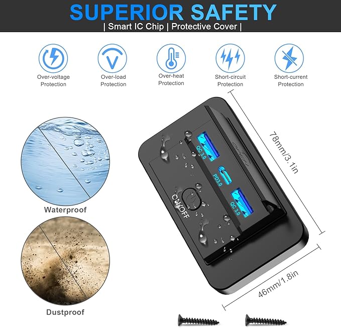 4PCS 3 Ports 12V RV USB Outlet 72W, Gibbab Dual USB QC3.0 36W & PD3.0 Type-C Quick Charge 36W Panel Wall Mount, Automotive Car USB Socket Charger Adapter for RV Marine Boat Bus ATV Motorcycle Truck