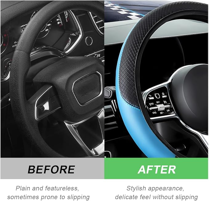 Car Steering Wheel Cover, 15 Inch Carbon Fiber Leather Stitching Color Steering Wheel Protector, Anti-Slip Elastic Breathable Steering Wheel Cover Stylish Decor for Most Cars (Black&Blue, AD)