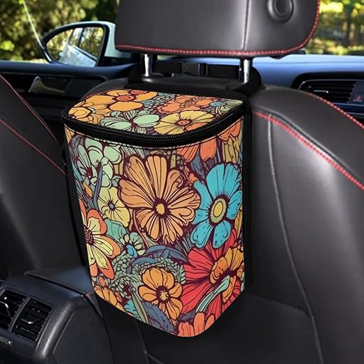 DISNIMO Abstract Groovy Flower Car Trash Can Bin with Lid Large Car Garbage Can Leakproof Mini Car Accessories Trash Bin Car Dustbin Organizer Container for Car Office Home