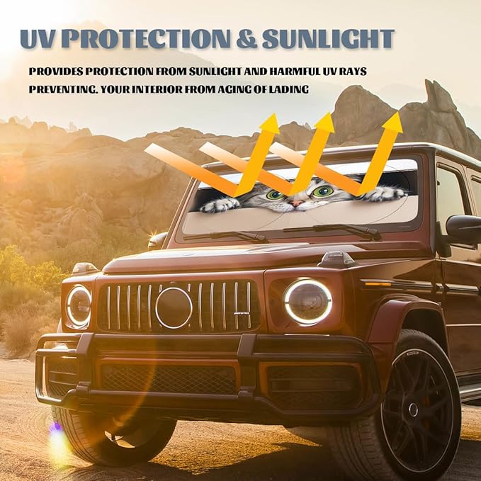 Cute Cat Car Windshield Sunshades Cardboard Box Green Eyes Naughty Cat Front Window Sun Shade Blocks UV Rays Sun Visor Protector for Car Sedan Truck SUV Accessories 59" L x 31.5" W