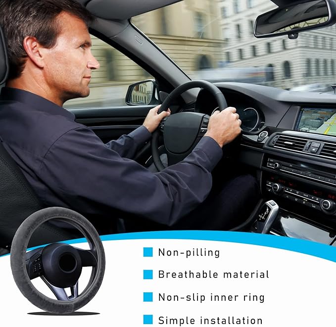 Augeny Fuzzy Car Steering Wheel Cover, Anti-Slip Soft Plush Steering Wheel Protector, 15 Inch Elastic Wheel Covers, Universal Vehicle Interior Winter Warm Accessories for Men Women (Gray)