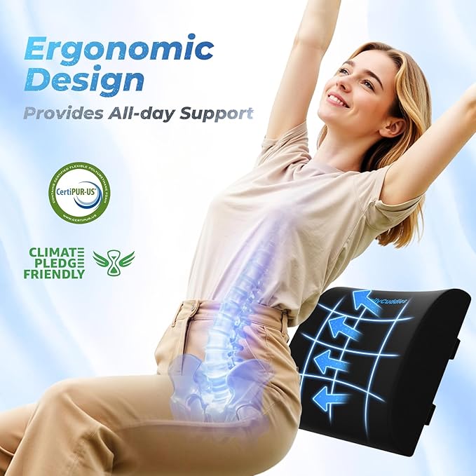 DailyCuddles Lumbar Support Pillow for Office Chair Back Support - Memory Foam Lumbar Pillow for Car or Gaming Chair, Ergonomic Back Cushion with Adjustable Strap for Long-Hour Sitting (Black)