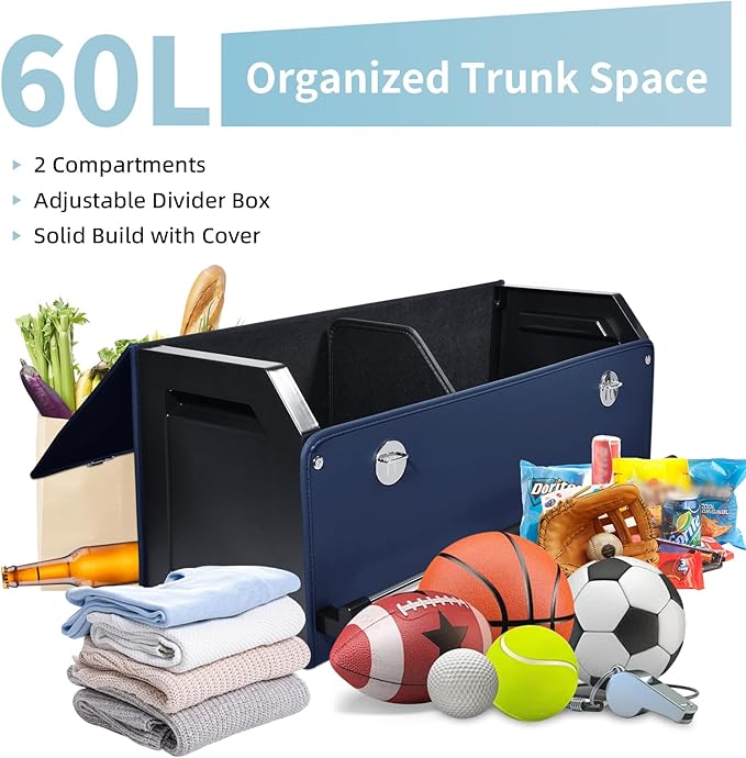 XCF Car Trunk Organizer, Collapsible Car Storage Organizer with Lid and Push-pull Handle Leather Trunk Organizer for Suv, Truck, Minivan (Blue, 27.17 x 11.42 x 12.2in)